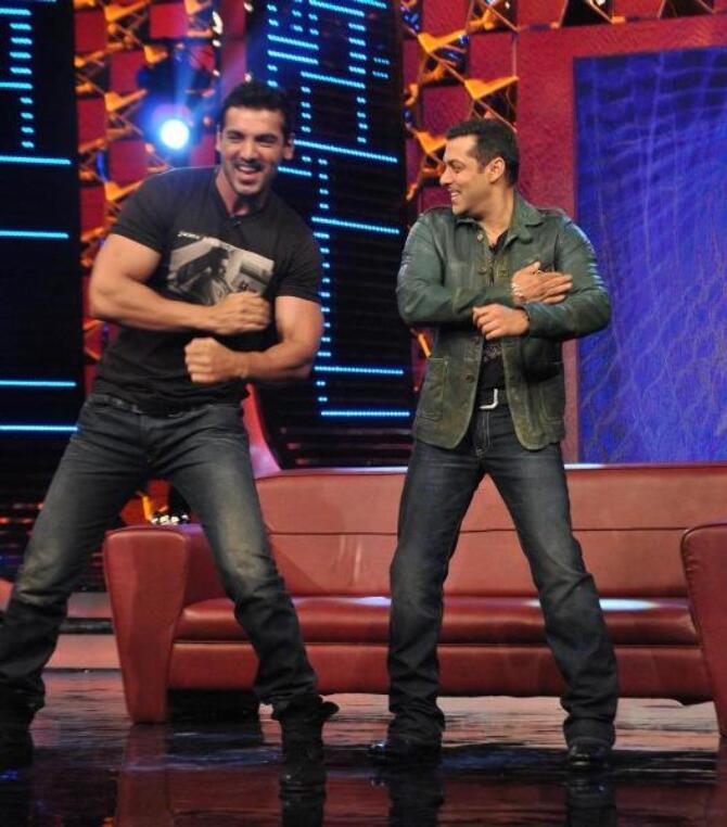 In happier times: Salman Khan and John Abraham dance to Desi Boyz on the Bigg Boss Season 5 set